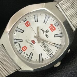 Vintage 1976 Ricoh Automatic Mens Silver Watch W/daydate & Red accents